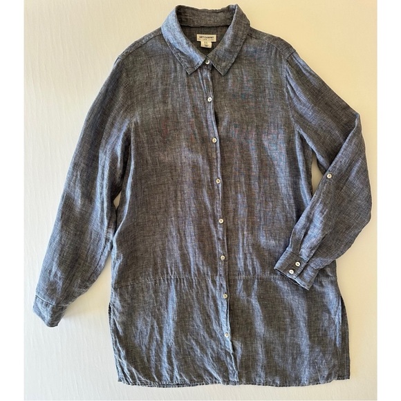 Artisan Ny Tops - Artisan NY Women’s 100% Linen Tunic Size M Blue Button Front Lagenlook Beach